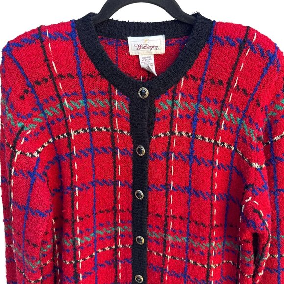 Worthington Vintage Old Money Red Plaid Button-Up Boucle Knit Cardigan Sweater M - Picture 3 of 12